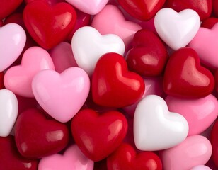 Obraz premium Close-up of various heart-shaped candies in red, pink, and white scattered randomly