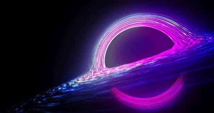 Futuristic neon black hole with purple and blue glowing accretion disk in deep space.