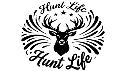 Black graphic illustration of a deer head with antlers and text 'Hunt Life' on a white background with abstract lines.