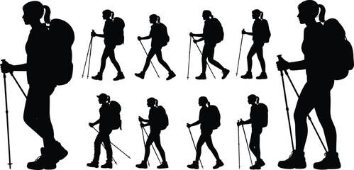Female trekking hiker silhouettes walking with backpack and poles isolated on white background outdoor adventure vector illustration set