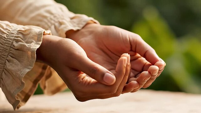 Cupped hands held out to receive something with a blurred background