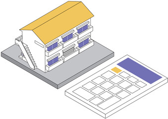 2階建てアパートの建物と電卓のアイソメトリックイラスト 賃貸経営や家賃のイメージ