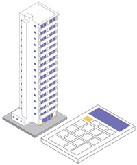 タワーマンションと電卓のアイソメトリックイラスト　高級物件の購入費用・資産価値のイメージ