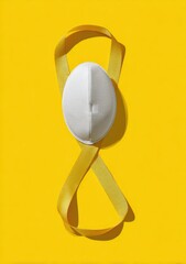 White oval object with yellow ribbon forming infinity symbol on yellow