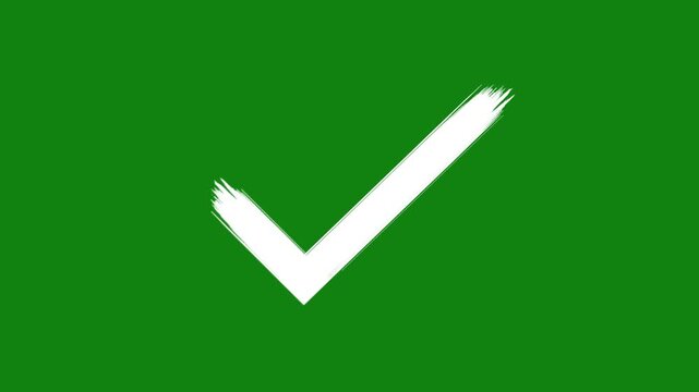 Hand-drawn white brush check mark appearing on solid green background. Symbol of approval, success and confirmation. Ideal for presentations, business videos and motion graphics projects in 4K.