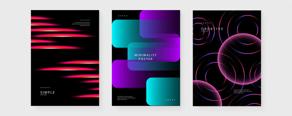 Set of three modern posters featuring horizontal light speed lines and transparent rounded geometric layers © Badr Warrior