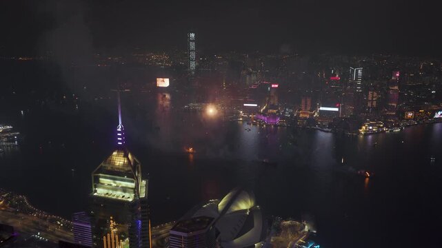 Hong Kong Harbour Chinese New Year Celebration Fireworks aerial