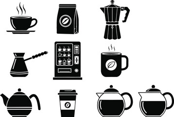 Coffee Preparation Icon Set Featuring Espresso Cup, Moka Pot, Coffee Beans, French Press, Teapot and Takeaway Cup Silhouette Vector Collection