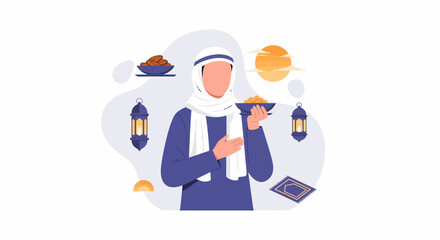 Muslim man holding a tray with food for breaking fast.