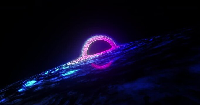 Futuristic neon black hole with purple and blue glowing accretion disk in deep space.