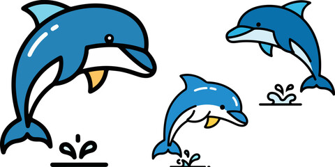Fototapeta premium Jumping dolphin vector icon collection. Includes three distinct dolphin illustrations in various jumping poses with water splashes. Created in a flat cartoon style with a blue and white color