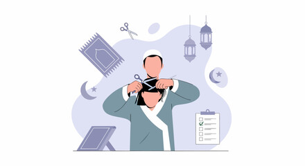 Muslim man performing Wudu ritual cleansing before prayer in flat illustration.