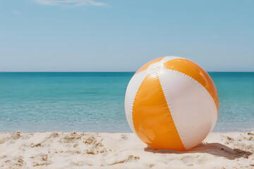 Obraz premium Orange and white striped inflatable beach ball on sandy beach