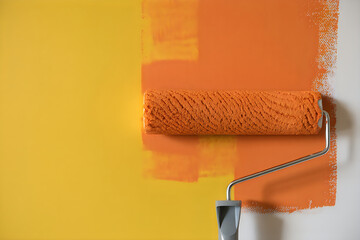 Obraz premium Orange paint roller on yellow and orange wall yellow wall painting