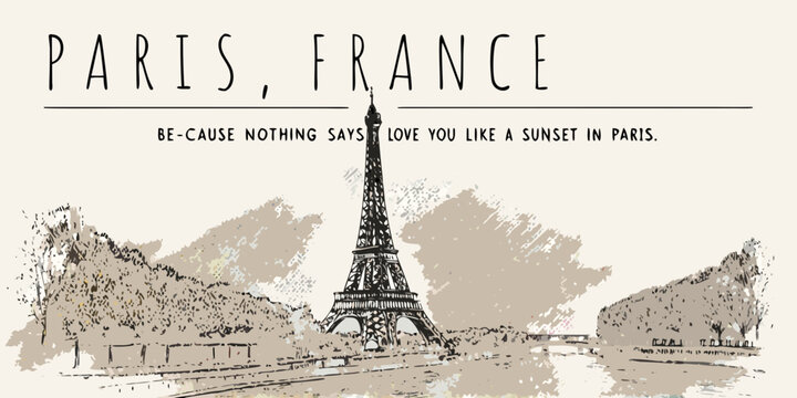 Paris france illustration with eiffel tower and romantic quote