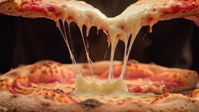 Mozzarella cheese stretches between pizza halves in a delicious Italian culinary scene