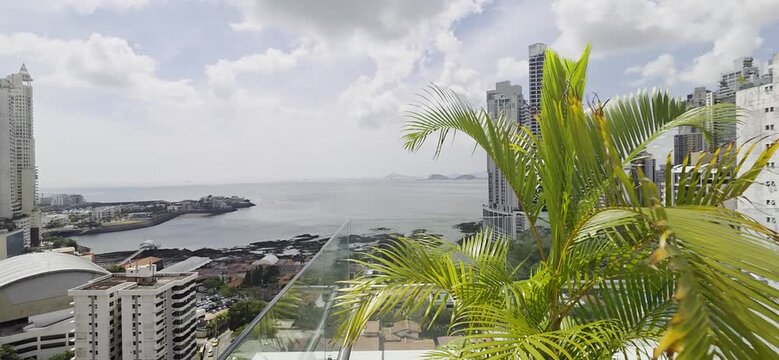 Windy Tropical Rooftop View of Panama City Skyline and Ocean