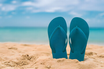 Fototapeta premium Turquoise flip flops standing in sand on beach ocean