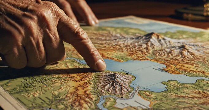 Close-up of a hand pointing at a detailed topographic map featuring mountains and lakes