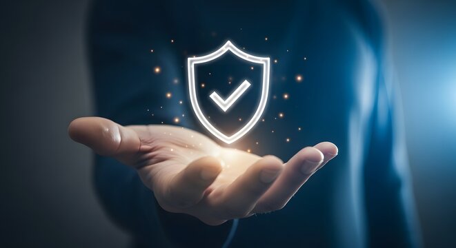 A glowing shield with a checkmark on a person's hand