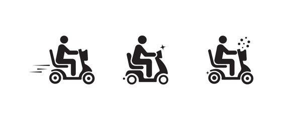 Mobility Scooter Icon. Motorcycle delivery person icon Vector.  food delivery service rider icon set, stick figure playing Vector illustration © design7star