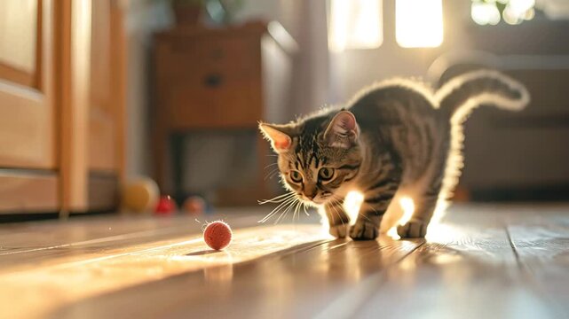 Cute tabby kitten playing with orange ball on wooden floor at home, adorable small cat catching toy with paws in warm morning sunlight, active domestic pet enjoying playtime in cozy interior