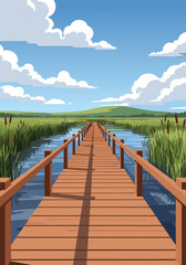 Obraz premium Serene Wooden Dock Illustration in Vector Style with Trailing Railing and Lush Green Hill