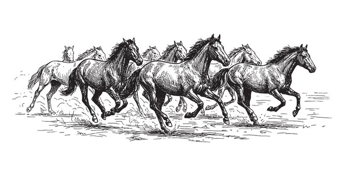 three powerful wild horses stallions running together in a dusty landscape.