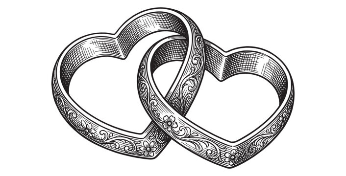 Two interlocking heart-shaped wedding rings with ornate floral engravings in a detailed black and white illustration.