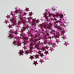 Fototapeta premium A heart shape formed from many magenta star-shaped confetti on a white background