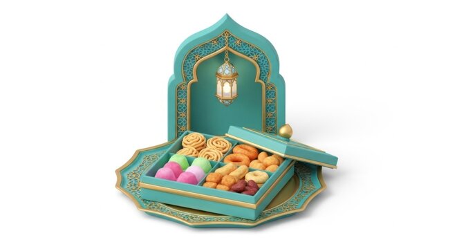 Middle Eastern Sweets Box with Lantern Decoration on White Background