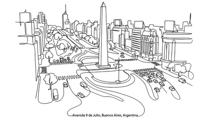 Obraz premium Continuous Line Art of Avenida 9 de Julio and Obelisco