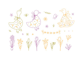 Hand drawn doodle spring goose set.