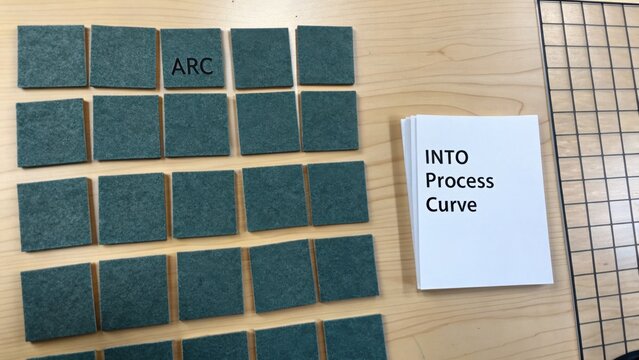 Collection of green felt squares with text ARC on one and white booklet titled INTO Process Curve on a wooden table