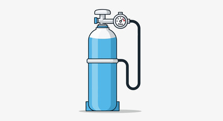 Fototapeta premium A blue oxygen tank with a regulator and hose, standing upright, ready for medical or industrial use, viewed from the side.