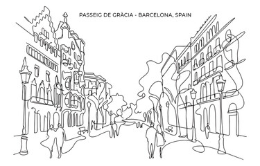 Obraz premium Continuous line drawing of Barcelona's Passeig de Gràcia with shoppers and Casa Milà.
