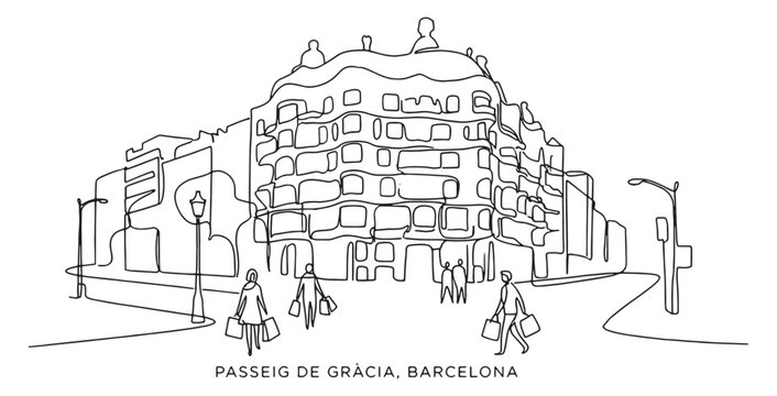 Continuous line drawing of Barcelona's Passeig de Gr&agrave;cia with shoppers and Casa Mil&agrave;.