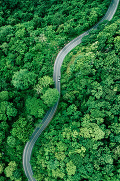 Aerial forest road with car creating abstract background for electric vehicle, ESG, sustainability and green investment business concepts.