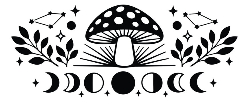 Modern mystical line art illustration of a mushroom depicting moon phases and celestial elements for boho design
