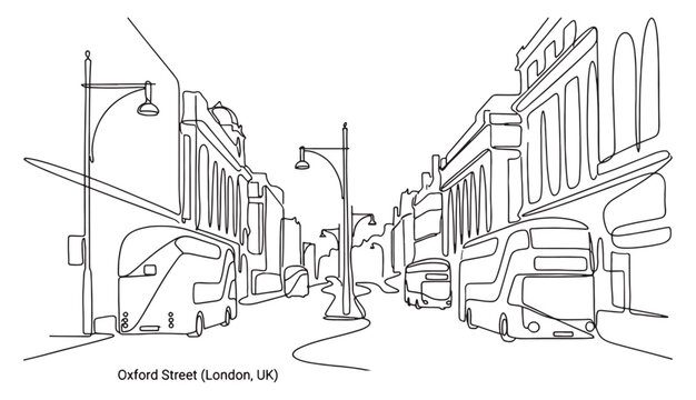 Continuous line art of London's Oxford Street with double-decker buses.
