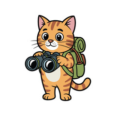 Obraz premium A cartoon cat with a backpack holds binoculars, ready for adventure.