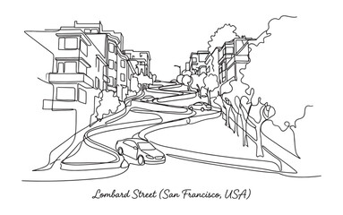 Obraz premium Famous crooked Lombard Street in San Francisco California featuring winding road and Victorian houses in minimalist continuous line art.