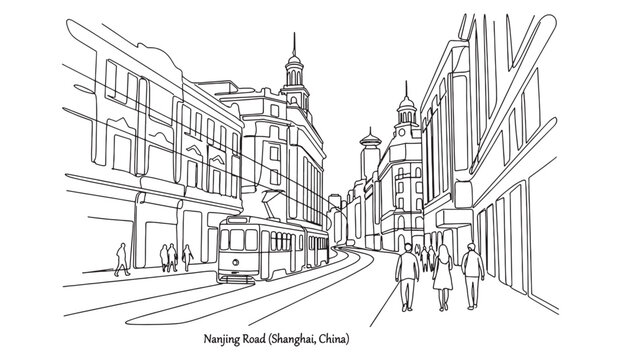 Continuous line drawing of Nanjing Road in Shanghai featuring streetcars and pedestrians.