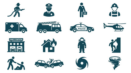 Emergency Services, Disaster Response, and Rescue Vector Icons Set © StockStudio