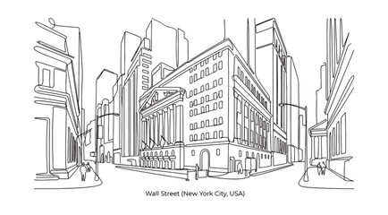 New York Stock Exchange on Wall Street in NYC featuring historic financial district architecture in a single continuous line drawing. © trianatio