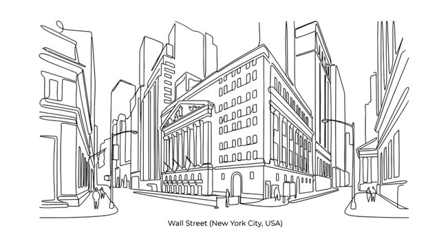New York Stock Exchange on Wall Street in NYC featuring historic financial district architecture in a single continuous line drawing.