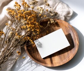 Blank card on wooden plate with dried wildflowers and linen