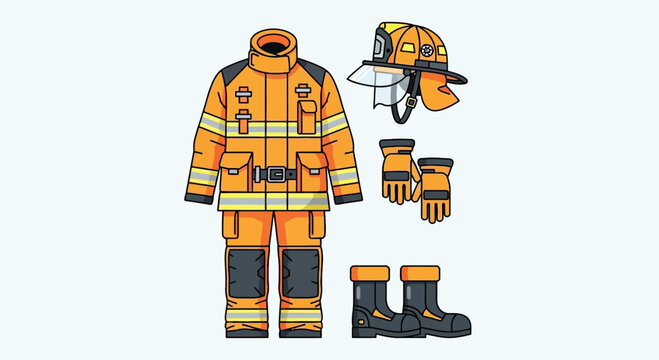 Firefighter's protective gear including helmet, gloves, boots, and uniform displayed together