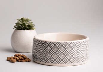Patterned pet bowl with treats and small plant