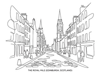Edinburgh Royal Mile Scotland cityscape featuring historic cathedrals and buildings in single line drawing style.